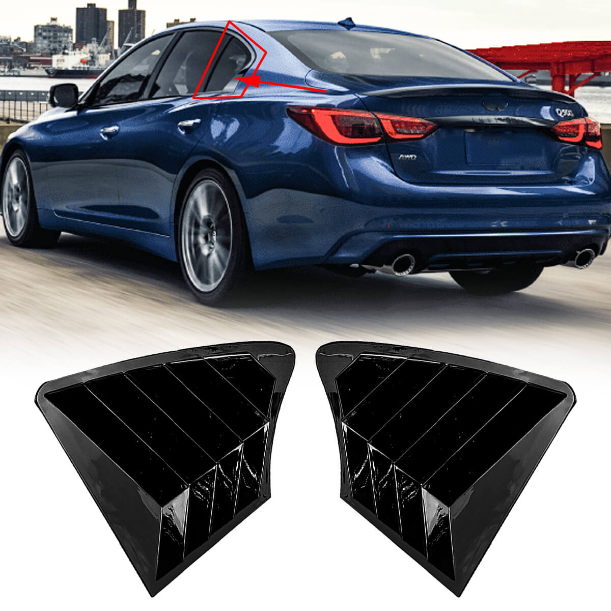CARIG For 2014-2024 インフィニティ Q50 リア側ウィンドウ ルーバー カバー 2Pcs ABS 塗装ウィンドウ ルーバー